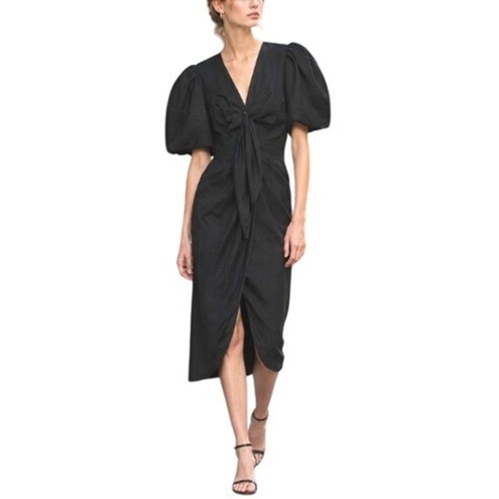 Sandro Black V-Neck Front Ties Puff Sleeve French Couture Midi Dress 40 / 8
